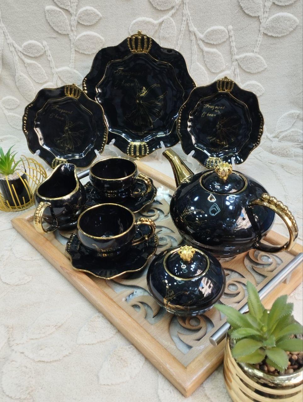 طقم شاي وجاتوه فخم - 24 قطعة (أسود بلمسات ذهبية)