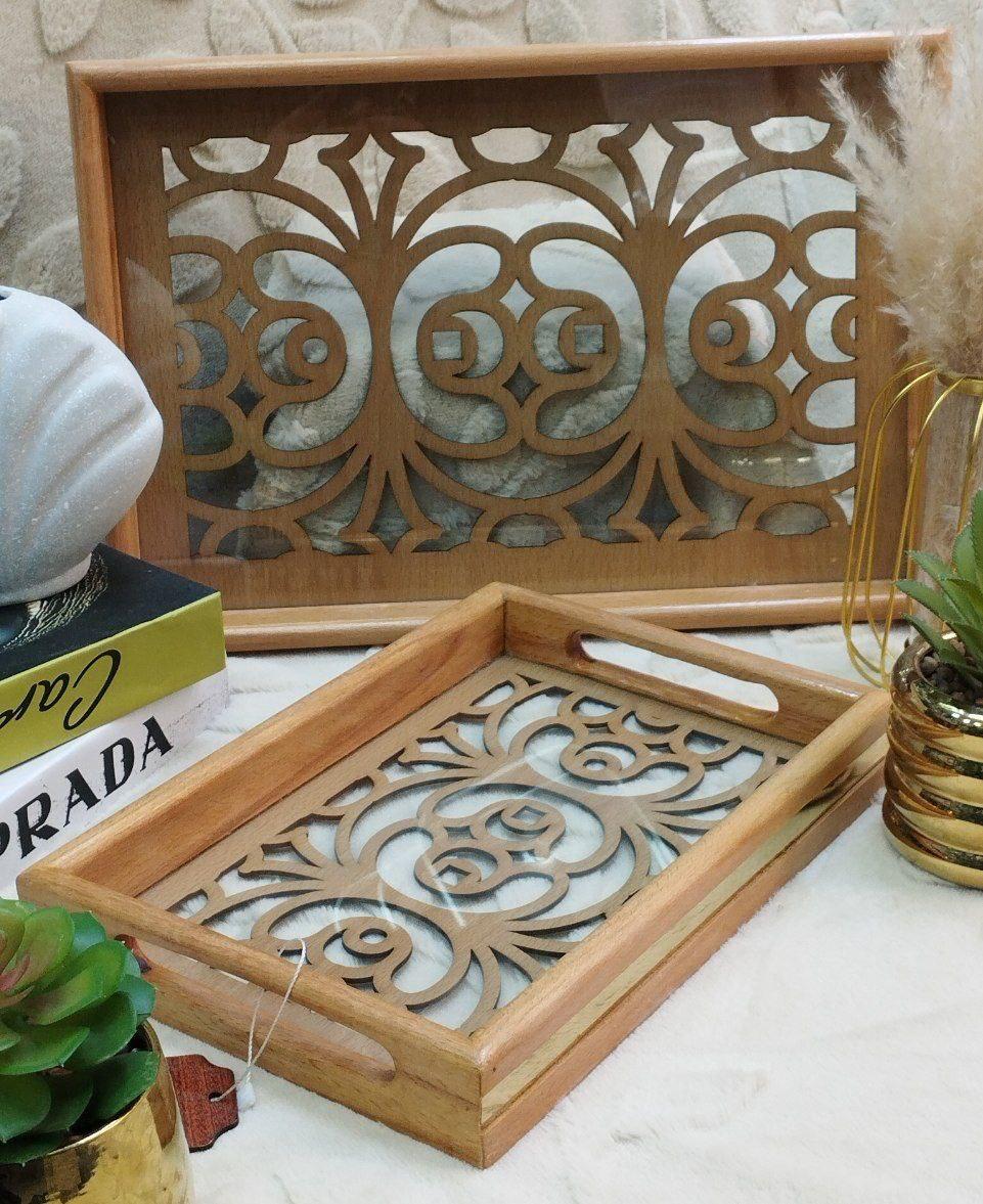 طقم صواني تقديم خشب فاخرة - بنقوش إسلامية هندسية (بيج فاتح) - 2 قطعة