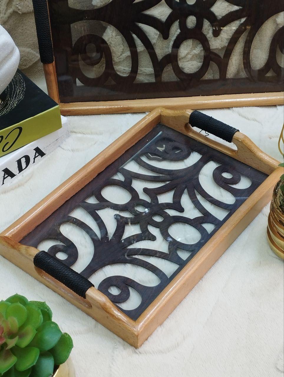 طقم صواني تقديم خشب فاخرة - بنقوش إسلامية هندسية (2 قطعة)