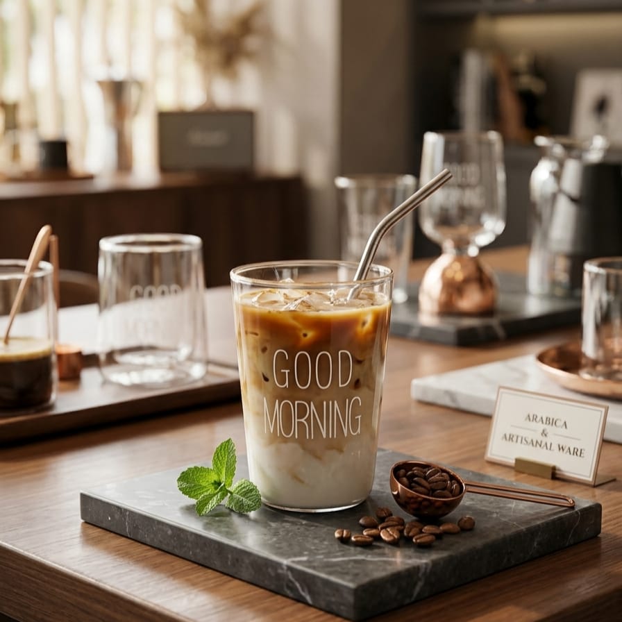 مج زجاجي للأيس كوفي والمشروبات الباردة بطبعة Good morning المبهجة