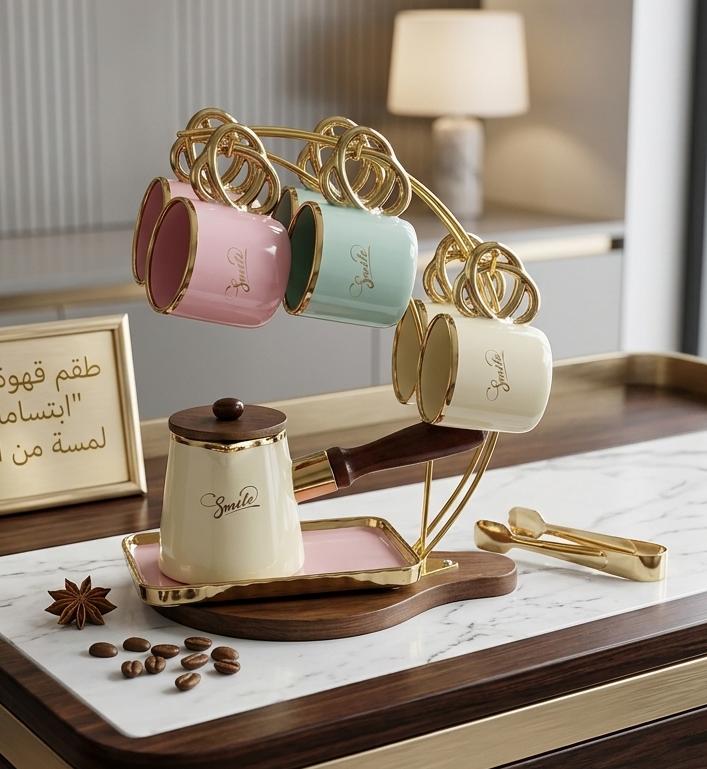 طقم قهوة متكامل على حامل - 6 فناجين مع أطباق وكنكة (تصميم مودرن)